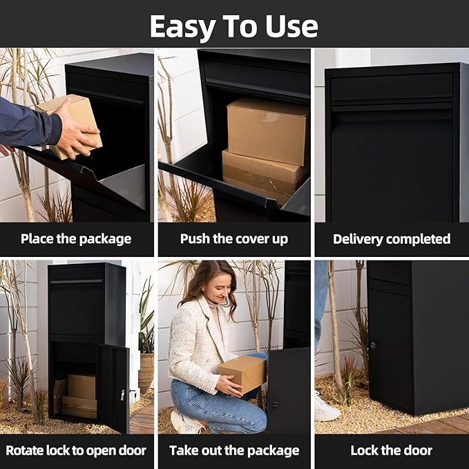 Black Mailboxes for Outside，Galvanized Steel Large Package Delivery Boxes for Outside,with Adjustable Baffle Parcel Drop Box,Wind and Rainproof Packages Box for front Porch