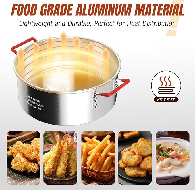 10QT Aluminum Fish Fryer Pot with Basket | Deep Fryer with Lid | Thermometer | Fryer Tongs & Easy Grip Handle for Cooking Seafood | French Fries | Chicken Wings