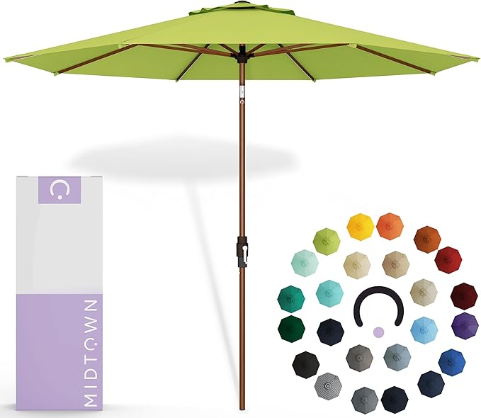 Midtown Umbrellas Sunbrella Umbrella Large Patio Umbrella 2-10 Feet in Macaw Fabric, Auto-Tilt Aluminum Frame Backyard Umbrella, Deck Umbrella, Garden Umbrella & Porch Umbrella - Wooden Pole