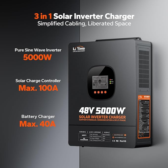 LiTime 5000W Pure Sine Wave Inverter, 48V DC to 120V AC Solar Hybrid Inverter Charger, Parallel Split-Phase for 240V, Build in 100A MPPT Solar Charger Controller for Home Backup, Off-Grid, Farm