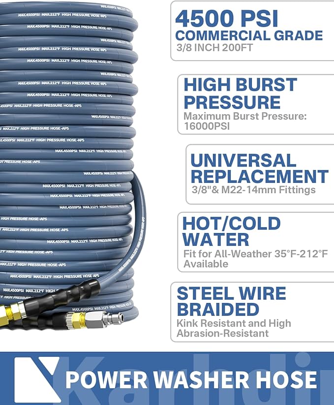 Pressure Washer Hose 200FT 3/8" for Cold and Hot Water 212°F, with Swivel Quick Connect, 4500PSI Kink Resistant Grade Steel Wire Braided, Power Washer Hose With 2pcs M22-14mm Adapter