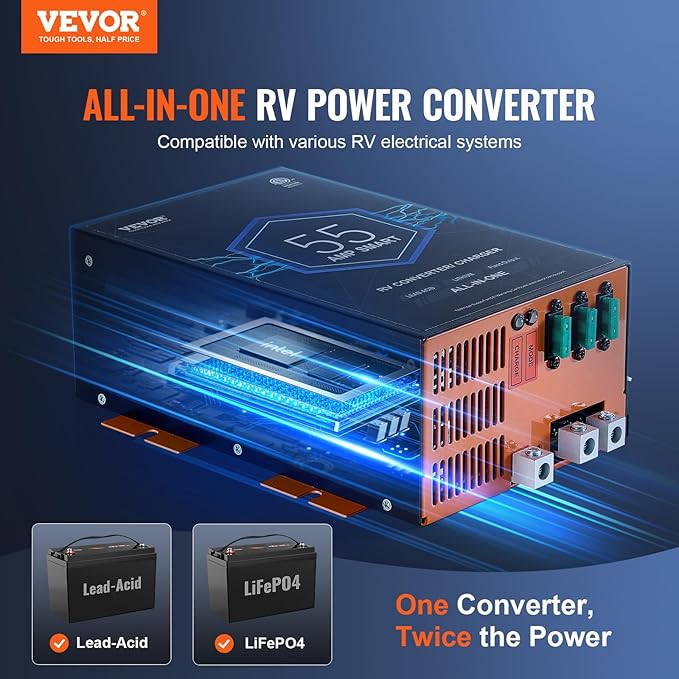 VEVOR RV Converter, 55 Amp, 110V AC to 12V DC RV Power Converter Battery Charger with 4 Stage Smart Charging 13V to 16.5V Adjustable Operating Range, Compatible with Lithium Lead Acid Battery, ETL