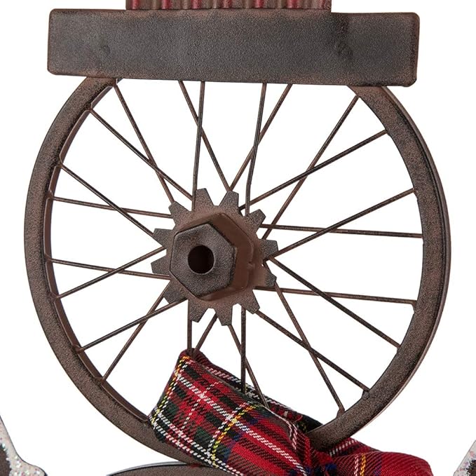 Glitzhome 33.98" H Metal Bike Wheel Snowman with Plaid Scarf Hat Porch Decor Metal Bicycle Garden Yard Decor Christmas Indoor Outdoor Decorations