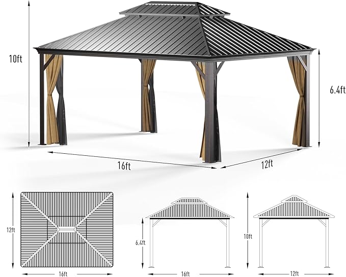 Hardtop Gazebo 12' x 16' with Mosquito Net and Privacy Sidewalls, Aluminum with Galvanized Steel Double Roof, Permanent Outdoor Gazebo for Patio, Garden, Lawn, Backyard.