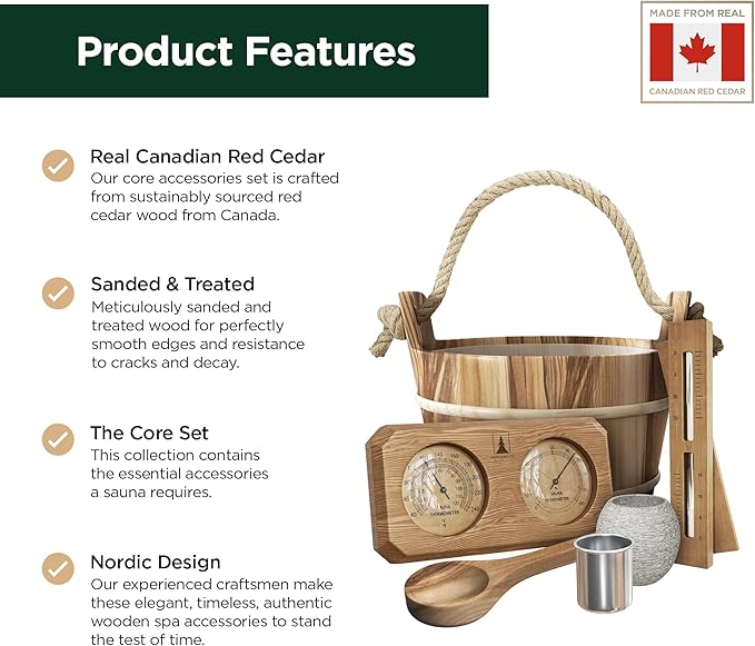 Sauna Accessories Kit - Handmade from Canadian Red Cedar Wood - Core Set (Bucket & Ladle, Thermometer & Hygrometer, Sand Timer, Aromatherapy Cup)
