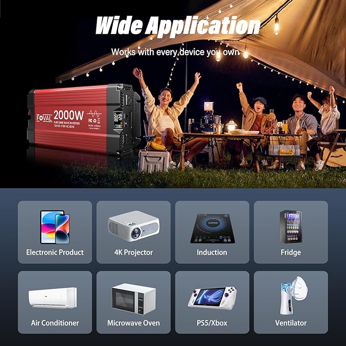FOVAL 2000W Pure Sine Wave Inverter 12V DC to 110V AC Converter, 4000W Peak Power Inverter with LCD Display and 2 AC Outlets for Home, RV, Truck, and Off-Grid Solar System, Remote Controller