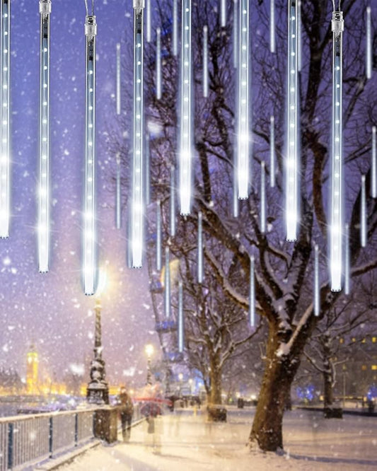 White 10 Tube 240 LED Raindrop Meteor Shower Icicle Lights with Timer Function for Holiday Party Christmas Decorations