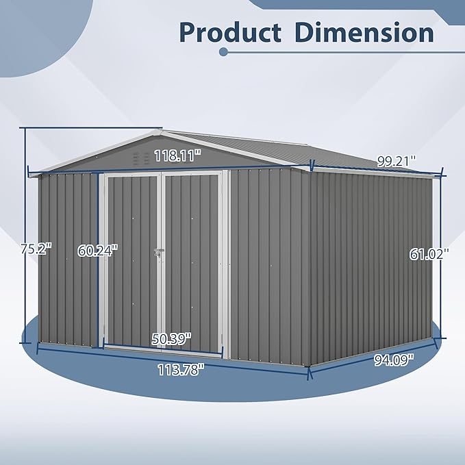 10X8 FT Outdoor Storage Shed, All Weather Metal Sheds withLockable Doors, Tool Shed for Garden, Patio, Backyard, Lawn, Silver Gray