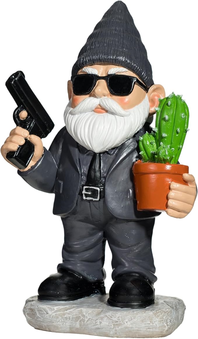 Gnome Decoration for Garden & Home - Professional Hitman Look Statue, Léon Inspired 8.7 Inch Resin Decor, Unique Outdoor Gift for Women/Men