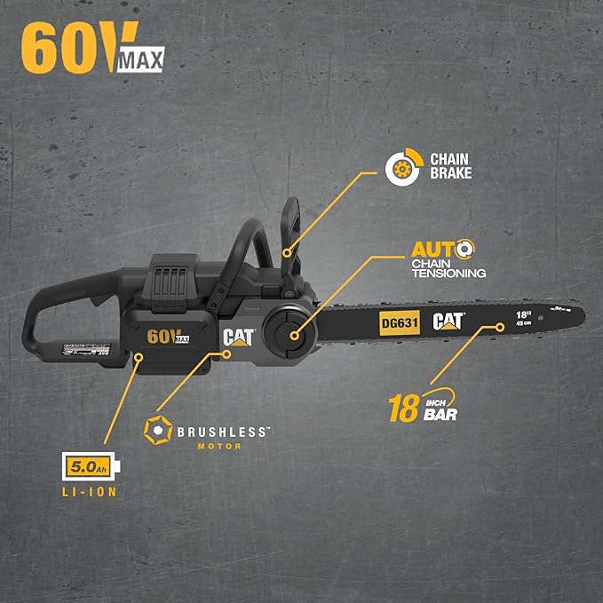 Caterpillar DG631 60V Brushless 18” Chainsaw, Battery Chainsaw with Chain Brake for Safety, Electric Chainsaw Cordless with Tool-Free Chain Tensioning – Battery & Charger Included