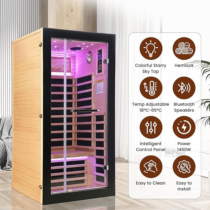 One Person Sauna Far Infrared Saunas Room Canadian Hemlock 1450W Dry Saunas Spa with 7 Starry Sky Light 33.5 * 33.5 * 70.8inch