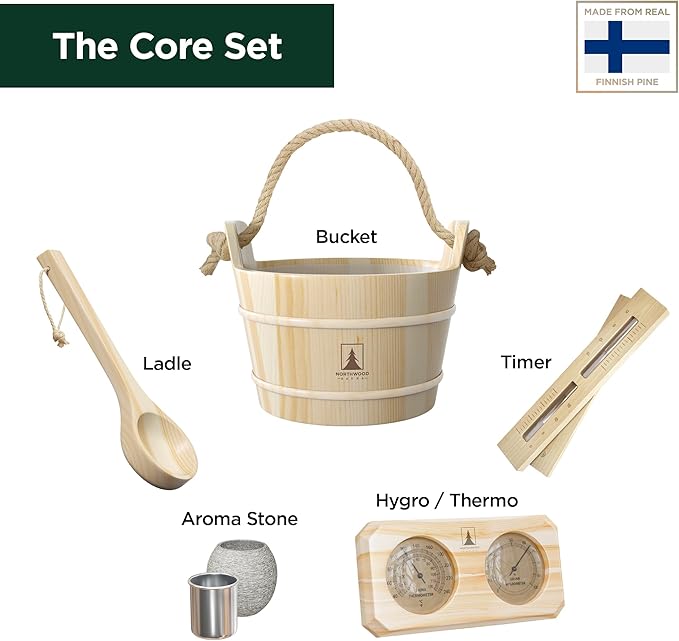 Sauna Accessories Kit - Handmade from Finnish Pine Wood - Core Set (Bucket & Ladle, Thermometer & Hygrometer, Sand Timer, Aromatherapy Cup)