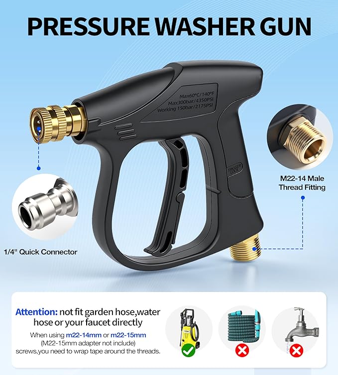 Dual Spray Foam Cannon Power Washer Gun, 4350 PSI High Pressure Short Gun Snow Foam Lance with 1/4 Inch Quick Connector, Car Wash Sprayer with 5 Pressure Washer Nozzle Tips for Car Cleaning