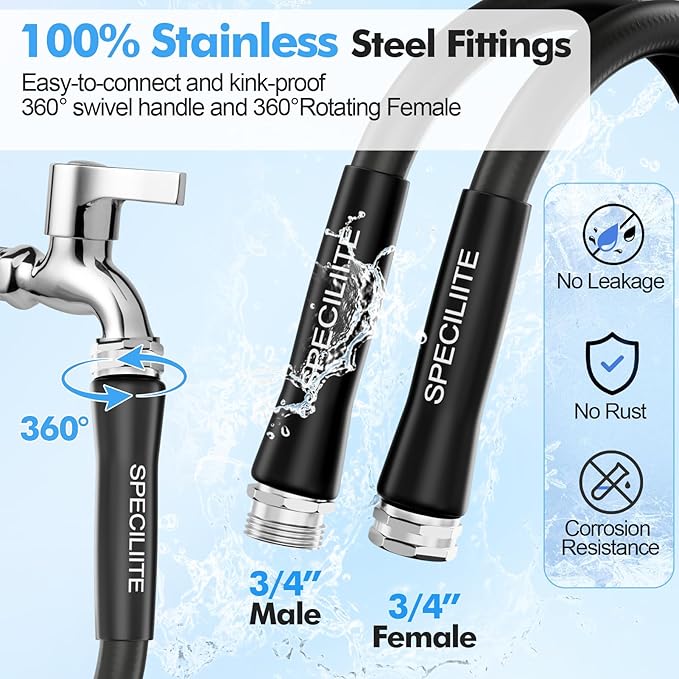 SPECILITE 5/8" Hot/Cold Water Hose 75 ft with High Flow Nozzle,Heavy Duty Flexible Rubber Garden Hose -50℉ to 158℉ With 3/4" Stainless Steel Fittings for Yard, Outdoor, Farm, Lightweight, Black
