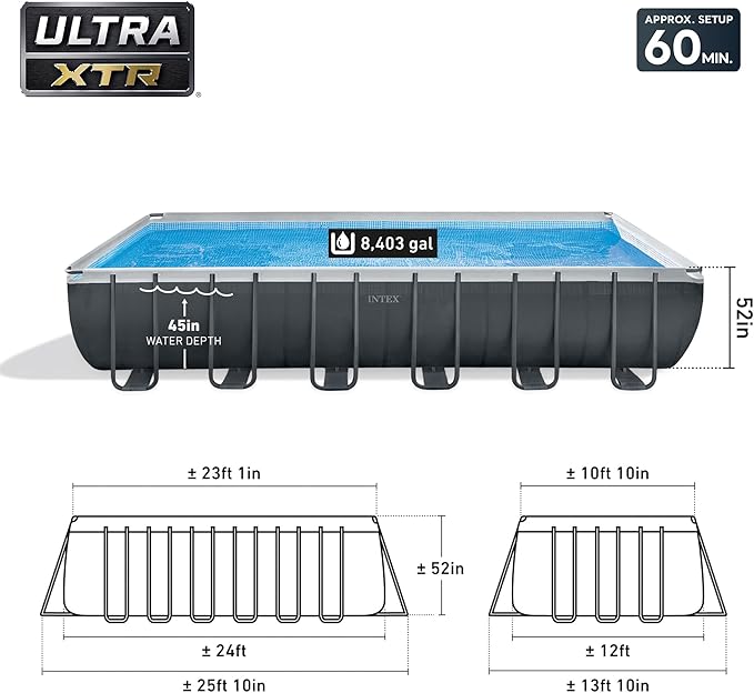 Intex 26367EH 24' x 12' x 52" Rectangular XTR Frame Swimming Pool w/ Filter Pump - Large Above Ground Backyard Rectangle Pool w/ 45-Inch Deep Water