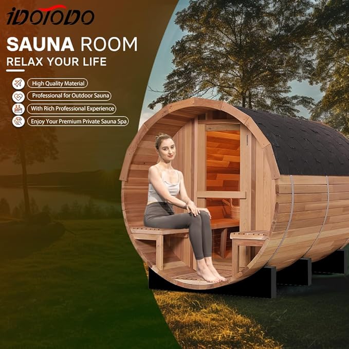Outdoor Barrel Sauna, 6 Person Wood Steam Saunas Room with Porch, 6kw Toule Electric Heater with Sauna Stone, Canadian Cedar, Roof, 94.48”*70.86“*70.86“ (Cedar)