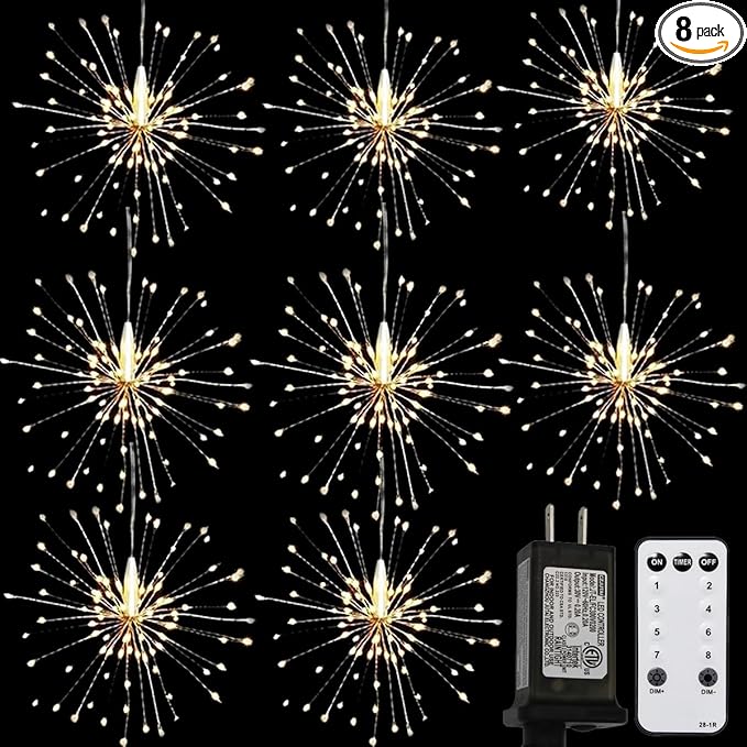 8 Pcs Total 800 LED Firework Copper Wire Lights, 8 Modes Fairy Twinkle Lights Plug in String Lights 1M/3.3FT Spacing Starburst Lights with Sagging Wire and Remote Control(Warm White)