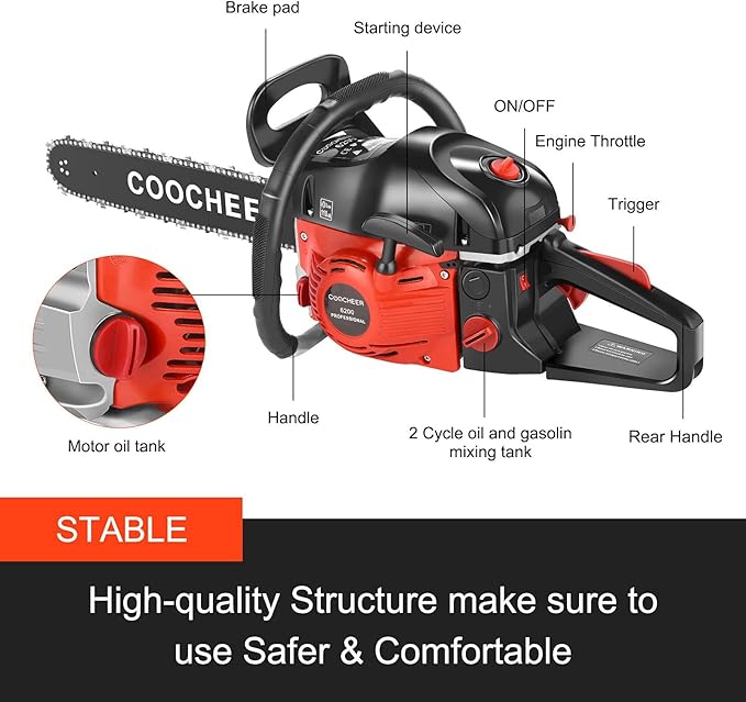 COOCHEER 62CC Gas Chainsaw 20 Inch Gasoline Powered Chain Saws 12000r/min 3.5 HP 2-Cycle Power Chain Saw Cordless Gas Powered Chainsaw with 2 Chains for Tree Branches Wood Cutting