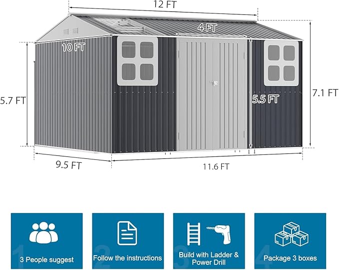 10x12 FT Metal Outdoor Storage Shed with Base Frame, Reinforced Frame Heavy Duty Large Waterproof Garden Tool Sheds with Unique Skylight Windows Air Vent for Patio Yard，Dark Grey