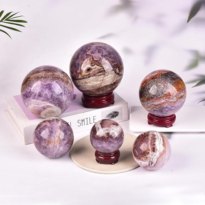 JIC Gem Large Amethyst Healing Crystal Sphere with Stand Amethyst Agate Crystal Decorative Ball for Home Decor Altar Reiki Healing Gift 80-90mm