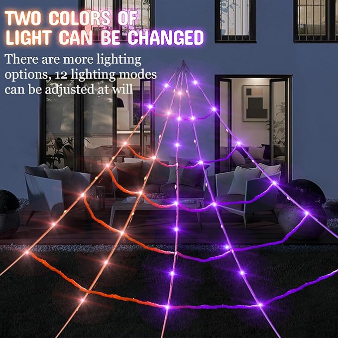 HBSTK 8 Modes 20 * 17FT Halloween Light Up Spider Web 250 Led Purple & Orange Lights Operated with 6.5Ft Giant Spider 200sqft Cobweb 20 Small Spiders for Indoor and Outdoor Decor Yard Decoration
