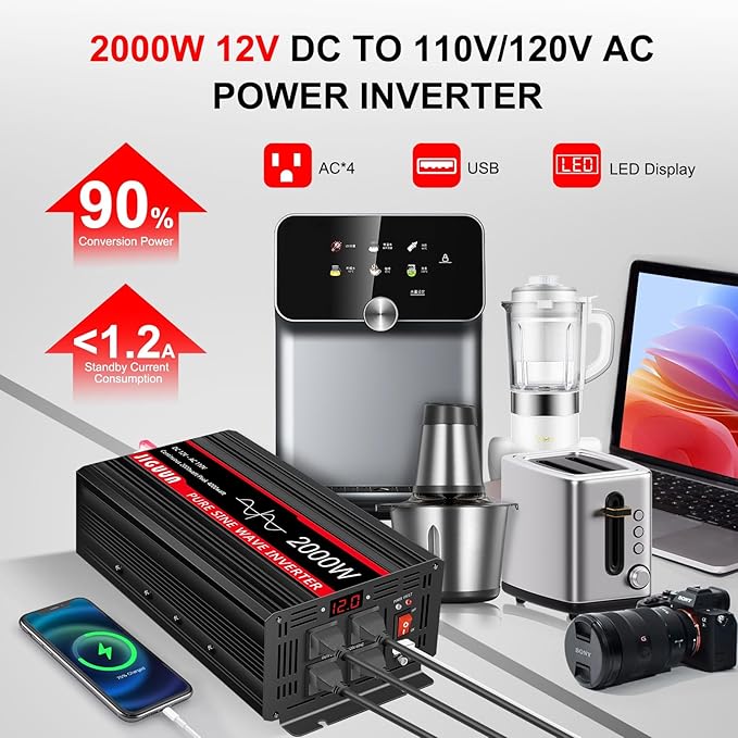 JIGUUN 4000W Peak Pure Sine Wave Power Inverter 2000 Watt,12v DC to 110/120v AC Inverter 3 AC & USB Output,Power Converter LED Display for Home RV Camping Outdoor Car Truck