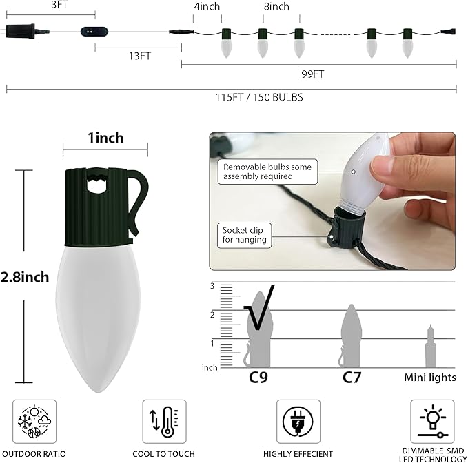 Smart C9 LED Christmas Lights Outdoor, 99FT 150 LED Vintage RGB String Lights with Bluetooth App Control, Music Sync, 105 Modes, IP65 Waterproof for Christmas, Party, Garden, Patio, Commercial Decor