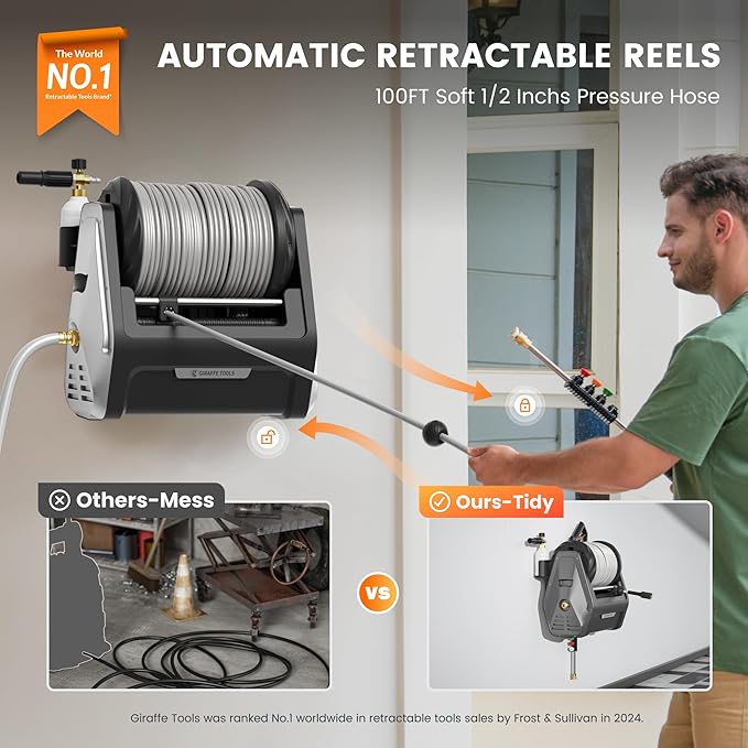 Giraffe Tools Wall Mounted Pressure Washer Plus with Upgraded 1800W Motor, Max 2900 PSI, 2.2 GPM Electric Power Washer with 100ft Retractable Pressure Hose for Car, Automatic Rewind, Any Length Lock