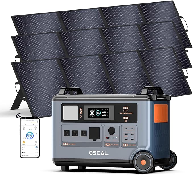 OSCAL PowerMax 6000 Solar Generator with 3x200W Solar Panel, 120V/240V Split Phase Voltage 6000W AC Outlets (7200W Peak), 2200W AC Charging/2400W PV Charging for Home, Emergency, Bank Battery Backup
