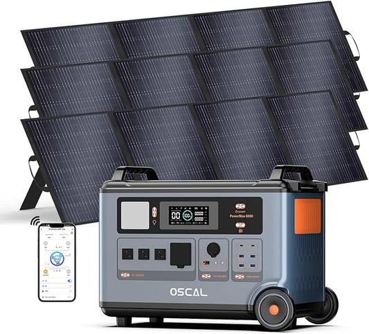 OSCAL PowerMax 6000 Solar Generator with 3x200W Solar Panel, 120V/240V Split Phase Voltage 6000W AC Outlets (7200W Peak), 2200W AC Charging/2400W PV Charging for Home, Emergency, Bank Battery Backup
