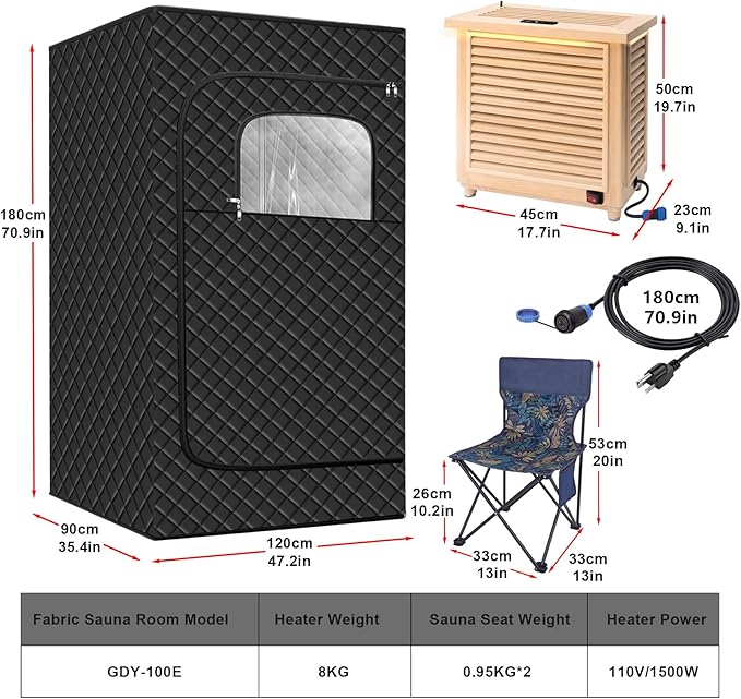 Far Infrared Home Dry Sauna Box 1-2 Person, Portable Personal Full Body Indoor Sauna for Relaxation with 1500W 110V Electric Heater,2 Folding Chair, 47.2 x 35.4 x 70.9 inches Black