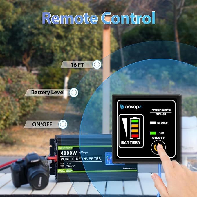NOVOPAL 4000 Watt Pure Sine Wave Power Inverter DC 24V to AC 110V 120V Rv Inverters with 4 AC Outlets,High Power Terminal-16 ft Remote Control, LCD Display for Truck, Hurricane, Home