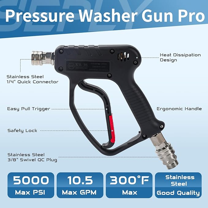 Pressure Washer Short Gun, 5000 PSI/10.5 GPM High Power Washer Spray Gun with 3/8'' Swivel Quick and M22-14mm Connect for Foam Cannon Car Wash