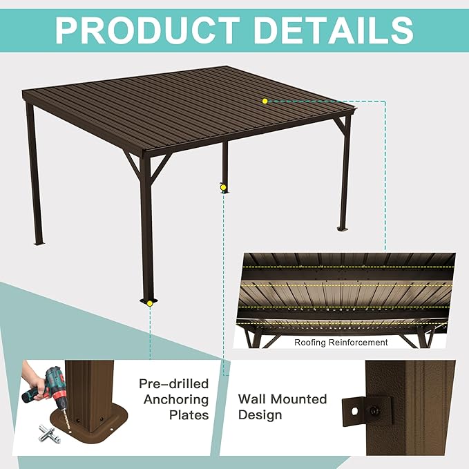 Domi 10’x12’ Lean-to Gazebo, Hardtop Wall-Mounted Gazebo Pergola with Sloping Galvanized Steel Roof and Upgraded Drainage System, Outdoor Permanent Metal Shelters for Patio Backyard Deck, Brown