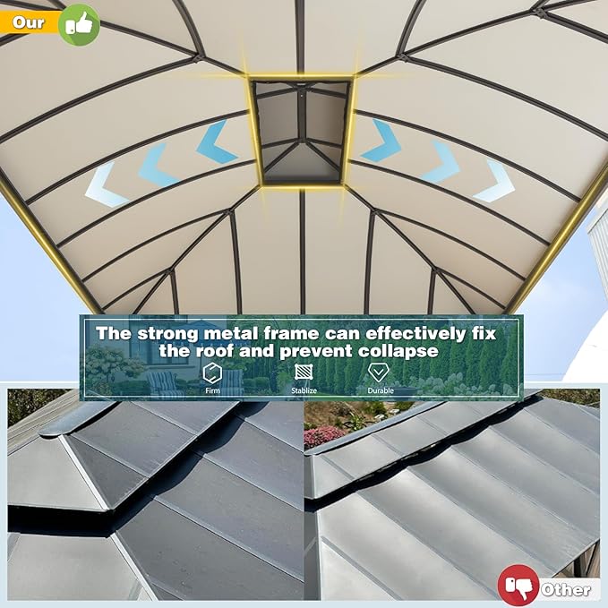 YOLENY 12'x14' Hardtop Gazebo, Permanent Outdoor Aluminum Patio Gazebo with Aluminum Composite Double Arc Roof for Patio Lawn and Garden, Curtains and Netting Included
