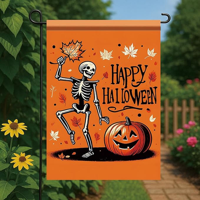 Halloween Garden Flag Skeleton Pumpkin Flag Outdoor Fall Yard Decor 12x18 Inch Double Sided Decorative Banner for Lawn Patio Holiday Party Decoration Spooky Autumn Seasonal House Flag