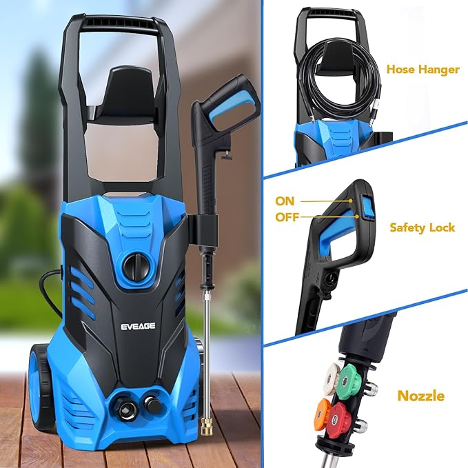 EVEAGE Electric Powerful Pressure Washer - 3500PSI Max 2.5GPM Power Washer with 20FT Hose 4 Quick Connect Nozzles, Soap Tank Clean Cars, IPX5 Car Wash Machine/Car/Driveway/Patio Clean