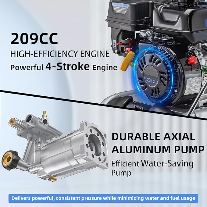 Gas Pressure Washer, 3500PSI Gas Power Washers 209CC 2.3GPM High Pressure Washers with 25FT Hose, 4 Quick-Connect Nozzles, Soap Tank, Axial Pump, Portable Pressure Washer Gas Powered for Car