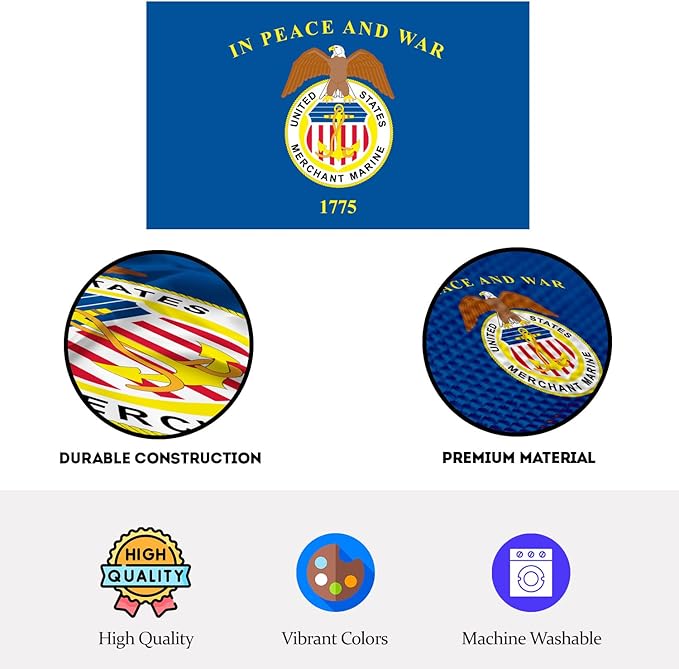 AGAS United States Merchant Marines Flag 4.4x5.6 Ft - Printed 200D Nylon Canvas Header Two Brass Grommets
