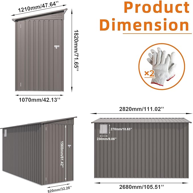 4x9 FT Lean to Shed with Windows, Metal Sheds & Outdoor Storage with 6 Vents and 1 Side Open Door, Outdoor Storage Shed Waterproof for Backyard, Garden, Patio, Gray