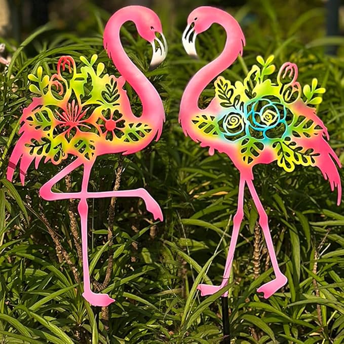 Pink Metal Flamingo Garden Statue - 20.5 inch Hand Flamingo Painted Metal Patio Art, Outdoor Decorative Stake Flamingo Statue for Lawn, Patio, Porch and Backyard, Gifts for Ladies (B Style 2 Pack)