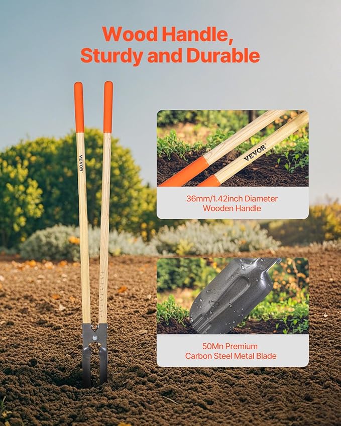 VEVOR Post Hole Digger, Heavy Duty Post Hole Digger with Wood Handle, Manual Hole Digger with Scale Markings and Metal Blade, Post Hole Digger Tool for Digging Yard Work Gardening Outdoors, 57.5-Inch