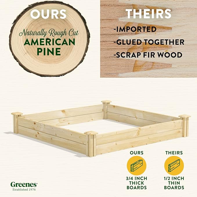 Greenes Fence Original Pine Raised Garden Bed, 4' x 4' x 7" - Made in USA with American Pine