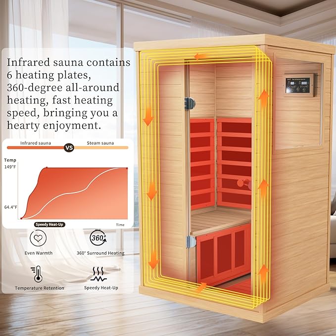 Infrared Wooden Sauna 1 Person Infrared Saunas for Home Dry Sauna for Home,Low Emf Infrared Sauna 1050W Indoor Saunas,Traditional Sauna,Bluetooth Speakers, Reading Lamps,Room:63 * 28.74 * 36.61Inch