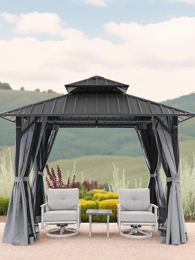 12' x 12' Hardtop Gazebo, Aluminum Frame Patio Hardtop Gazebos with Netting and Curtain, Outdoor Patio Pergola, Outdoor Patio Gazebo with Double Metal Roofs for Lawns, Garden, Deck, Slate Gray