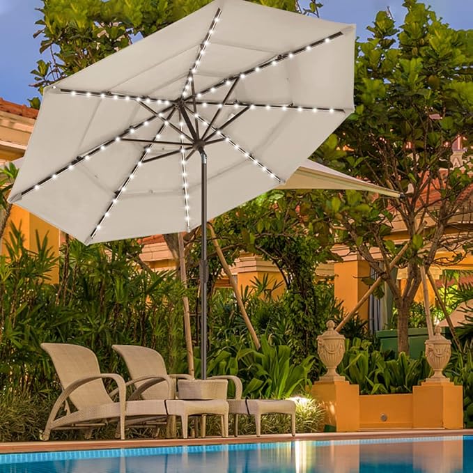 EliteShade USA 10-Year-Non-Fading Solar 9ft 3 Tiers Market Umbrella with 80 LED Lights Patio Umbrellas Outdoor Table with Ventilation,Antique Beige