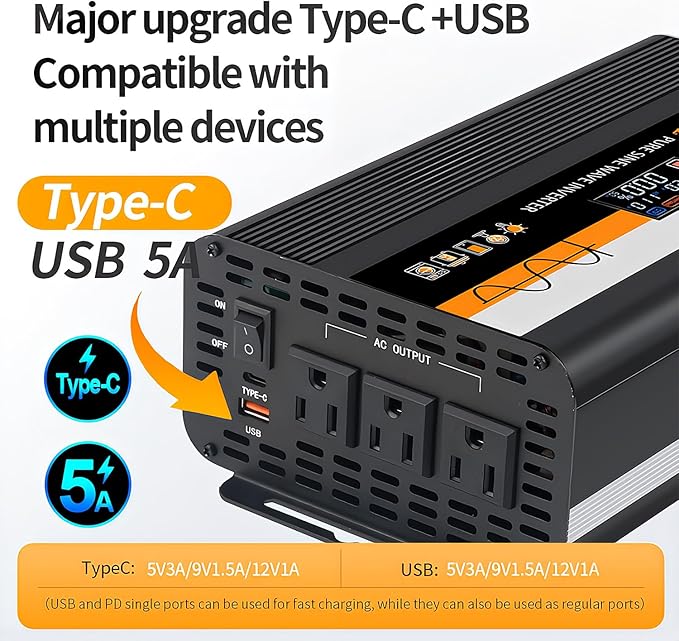 1500W Pure Sine Wave Inverter (3000W Peak), 12V/24V Auto-Detect, 50Hz/60Hz Switchable, LCD Display, Type-C Fast Charging, Silent Design, Overload & Overheat Protection for RV, Home (Black-1500W)