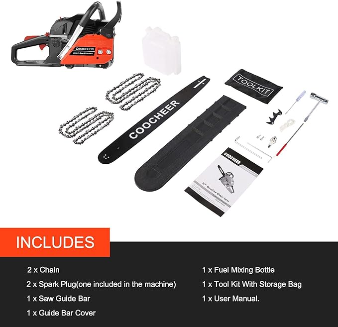COOCHEER 62CC Gas Chainsaw 20 Inch 2-Cycle Gas Powered Chain Saws 3.5 HP Power Chain Saw Cordless Gasoline Powered Chainsaw with 2 Chains for Tree Wood Cutting