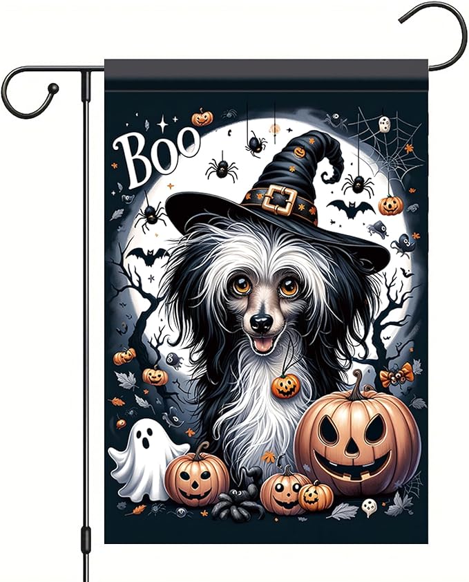 Halloween Garden Flag Chinese Crested Dog Flag 12x18 Inch Boo Pumpkin Yard Banner Double Sided Outdoor Trick or Treat House Decoration for Lawn Porch Patio Holiday Fall Decor