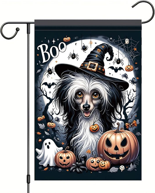 Halloween Garden Flag Chinese Crested Dog Flag 12x18 Inch Boo Pumpkin Yard Banner Double Sided Outdoor Trick or Treat House Decoration for Lawn Porch Patio Holiday Fall Decor